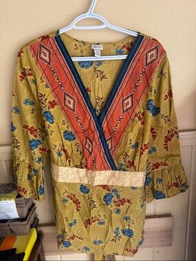 Venezia Mustard Yellow Floral Surplice Tunic with Rust Accent